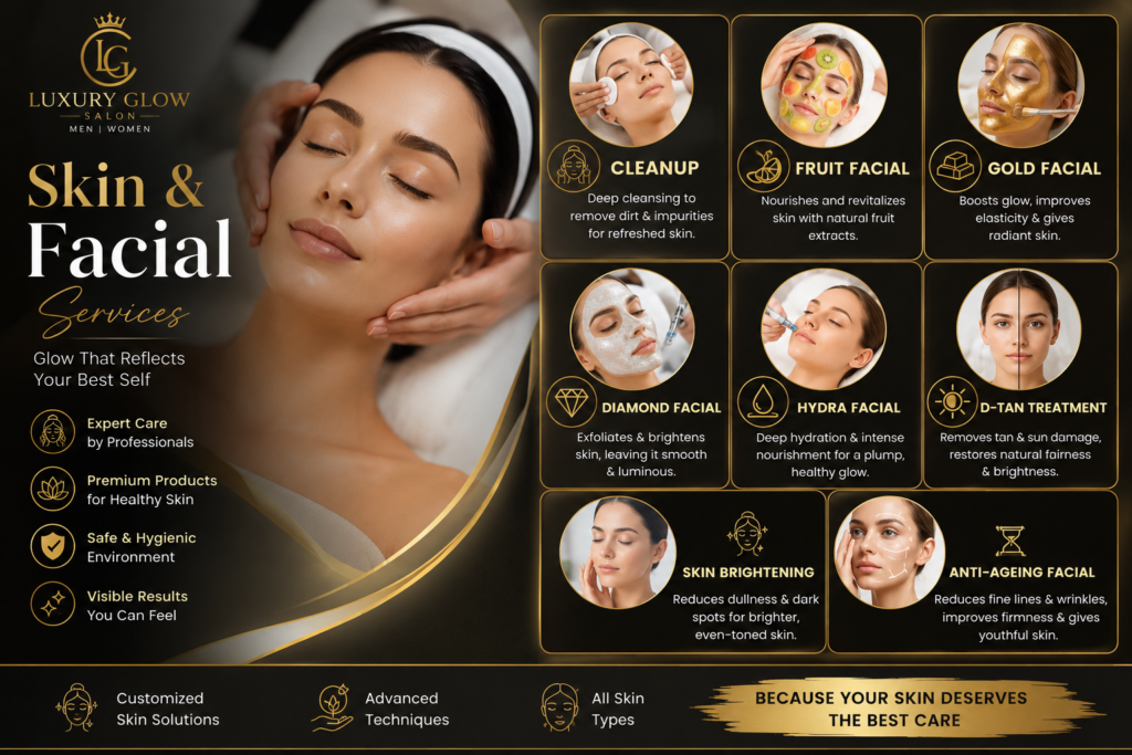 Luxury Glow Salon Skin & Facial Services in Gachibowli, Hyderabad offering Cleanup, Fruit Facial, Gold Facial, Diamond Facial, Hydra Facial, D-Tan Treatment, Skin Brightening, and Anti-Ageing Facial for healthy glowing skin.