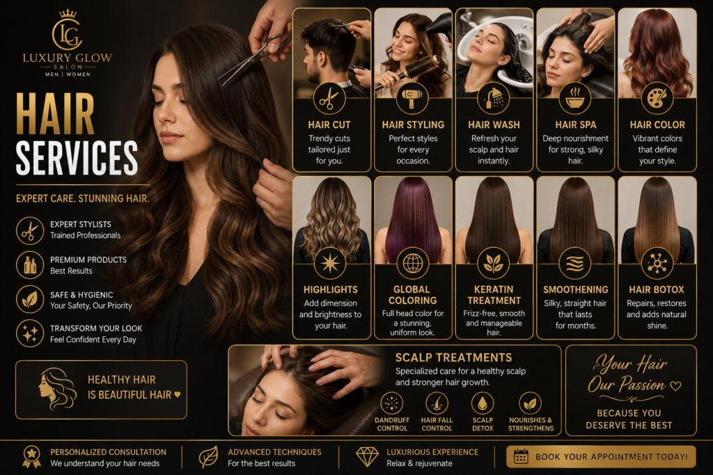 Luxury Glow Salon Hair Services in Gachibowli, Hyderabad offering professional haircuts, hair styling, hair wash, hair spa, hair color, highlights, global coloring, keratin treatment, smoothening, hair botox, and scalp treatments for healthy, beautiful hair.