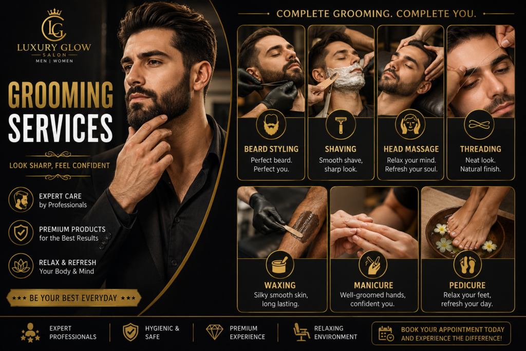 Luxury Glow Salon grooming services in Gachibowli, Hyderabad offering beard styling, shaving, head massage, threading, waxing, manicure, and pedicure for men with premium grooming and professional care.